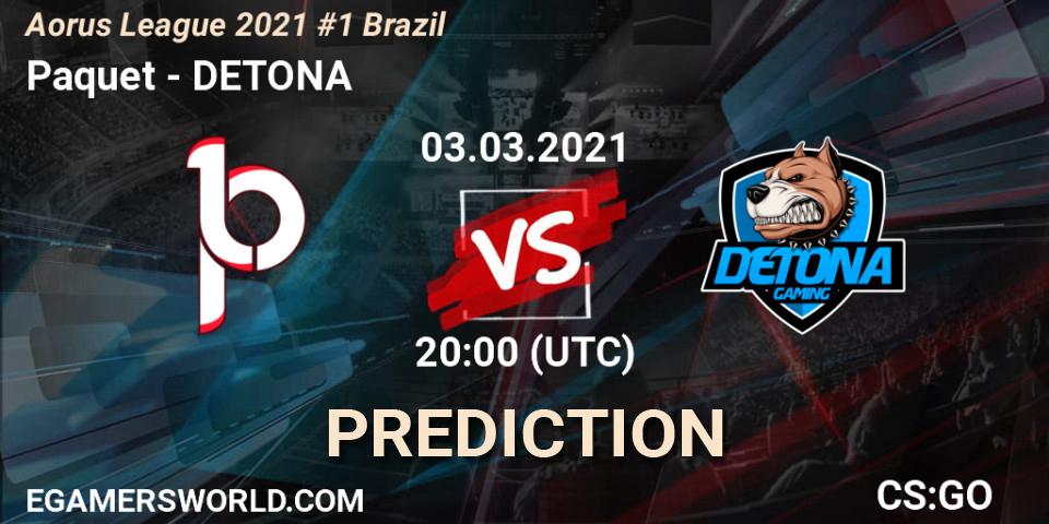 Prognose für das Spiel Paquetá VS DETONA. 03.03.2021 at 20:00. Counter-Strike (CS2) - Aorus League 2021 #1 Brazil