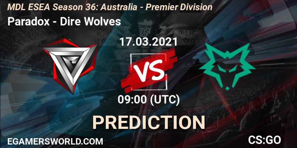 Prognose für das Spiel Paradox VS Dire Wolves. 17.03.2021 at 09:00. Counter-Strike (CS2) - MDL ESEA Season 36: Australia - Premier Division
