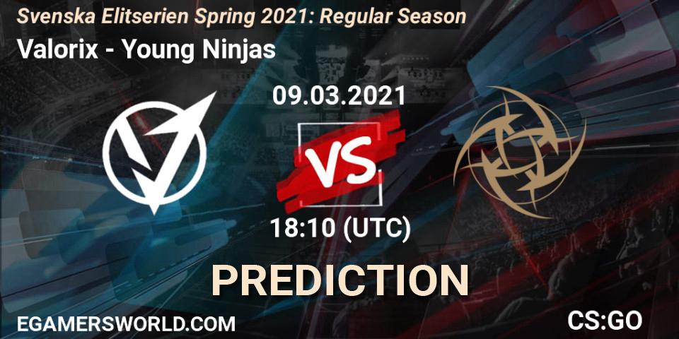 Prognose für das Spiel Valorix VS Young Ninjas. 09.03.2021 at 18:10. Counter-Strike (CS2) - Svenska Elitserien Spring 2021: Regular Season
