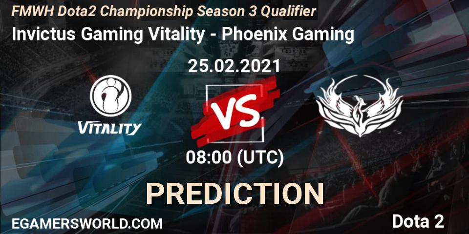 Prognose für das Spiel Invictus Gaming Vitality VS Phoenix Gaming. 25.02.2021 at 08:06. Dota 2 - FMWH Dota2 Championship Season 3 Qualifier