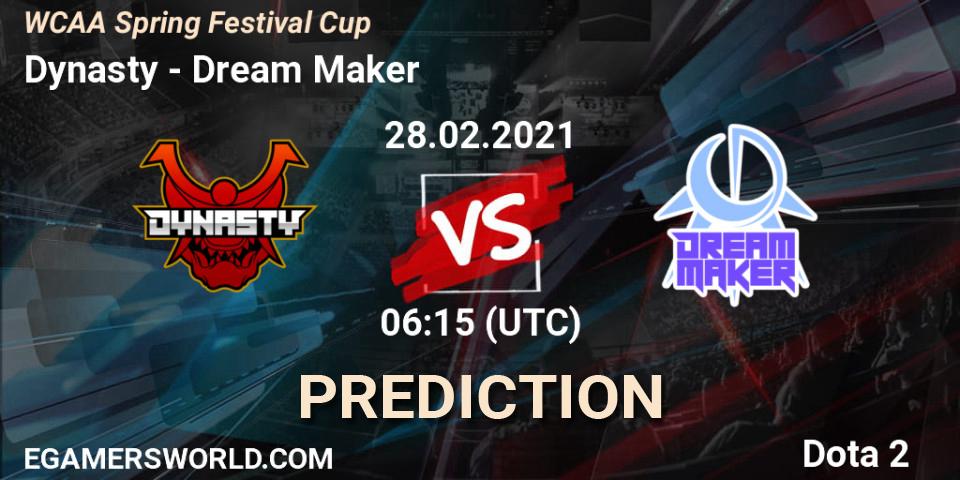 Prognose für das Spiel Dynasty VS Dream Maker. 28.02.2021 at 06:30. Dota 2 - WCAA Spring Festival Cup