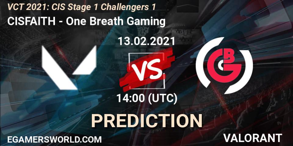 Prognose für das Spiel CISFAITH VS One Breath Gaming. 14.02.2021 at 16:00. VALORANT - VCT 2021: CIS Stage 1 Challengers 1