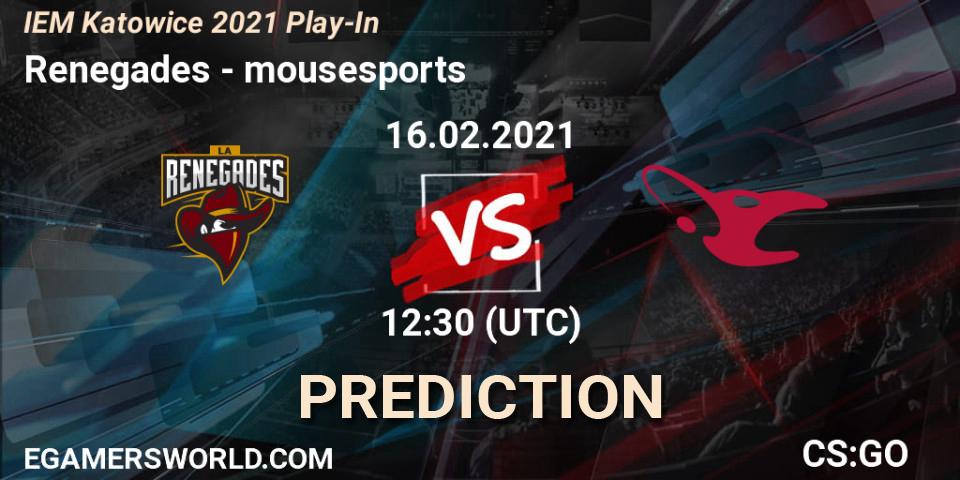 Prognose für das Spiel Renegades VS mousesports. 16.02.21. CS2 (CS:GO) - IEM Katowice 2021 Play-In