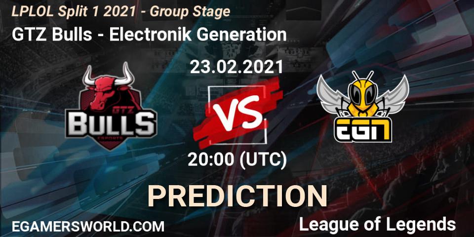 Prognose für das Spiel GTZ Bulls VS Electronik Generation. 23.02.2021 at 20:00. LoL - LPLOL Split 1 2021 - Group Stage