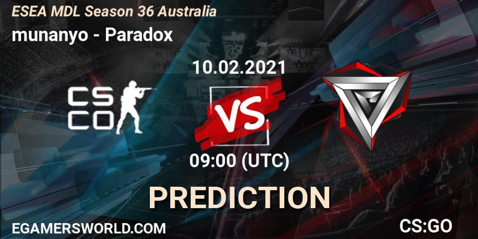 Prognose für das Spiel munanyo VS Paradox. 10.02.2021 at 09:00. Counter-Strike (CS2) - MDL ESEA Season 36: Australia - Premier Division