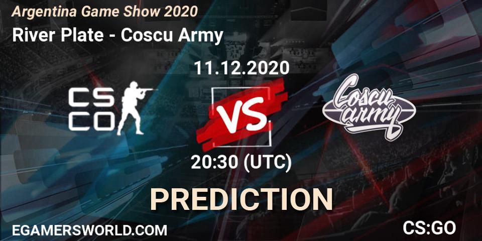 Prognose für das Spiel River Plate VS Coscu Army. 11.12.2020 at 20:30. Counter-Strike (CS2) - Argentina Game Show 2020