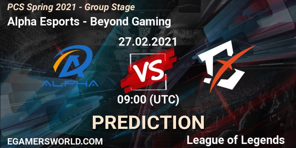 Prognose für das Spiel Alpha Esports VS Beyond Gaming. 27.02.2021 at 09:30. LoL - PCS Spring 2021 - Group Stage