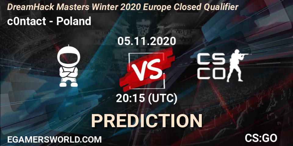 Prognose für das Spiel c0ntact VS Poland. 05.11.2020 at 20:30. Counter-Strike (CS2) - DreamHack Masters Winter 2020 Europe Closed Qualifier
