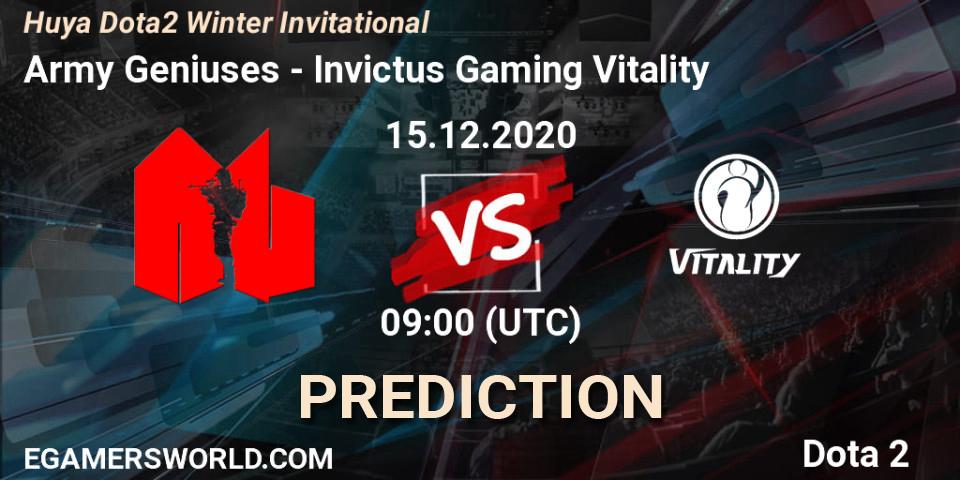 Prognose für das Spiel Army Geniuses VS Invictus Gaming Vitality. 15.12.2020 at 09:11. Dota 2 - Huya Dota2 Winter Invitational