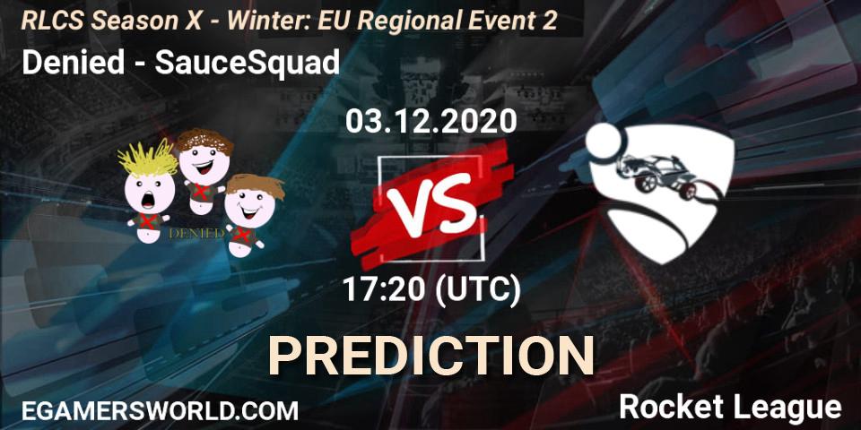 Prognose für das Spiel Denied VS SauceSquad. 03.12.20. Rocket League - RLCS Season X - Winter: EU Regional Event 2