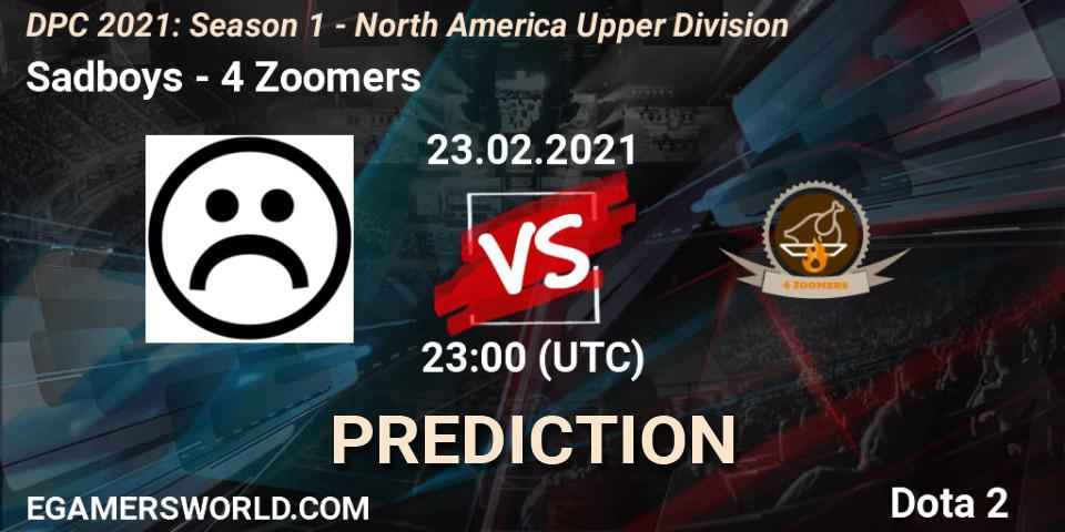 Prognose für das Spiel Sadboys VS 4 Zoomers. 23.02.2021 at 22:59. Dota 2 - DPC 2021: Season 1 - North America Upper Division