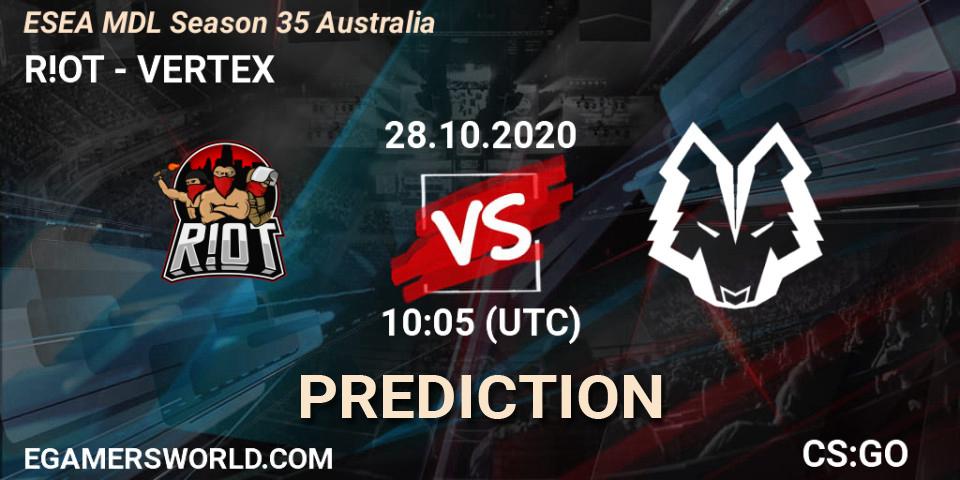 Prognose für das Spiel R!OT VS VERTEX. 28.10.2020 at 10:05. Counter-Strike (CS2) - ESEA MDL Season 35 Australia