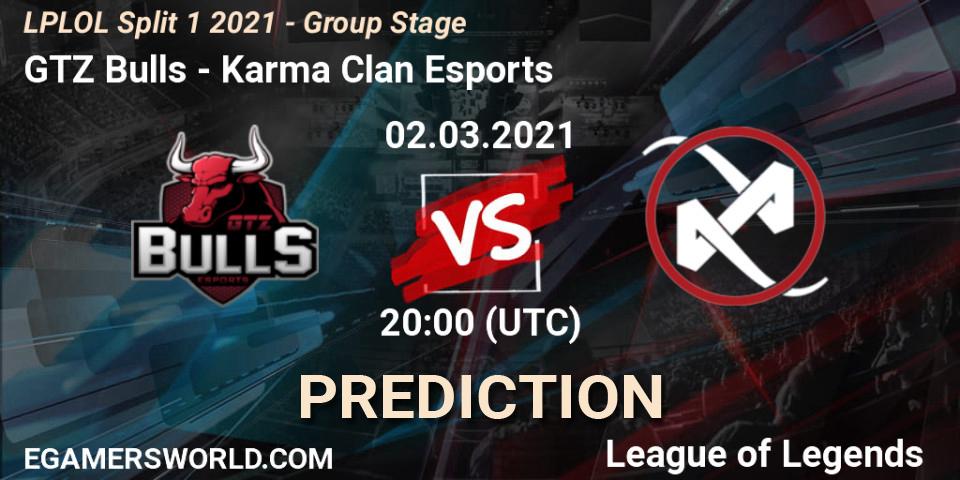 Prognose für das Spiel GTZ Bulls VS Karma Clan Esports. 02.03.2021 at 20:00. LoL - LPLOL Split 1 2021 - Group Stage