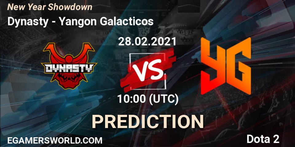 Prognose für das Spiel Dynasty VS Yangon Galacticos. 28.02.2021 at 10:15. Dota 2 - New Year Showdown