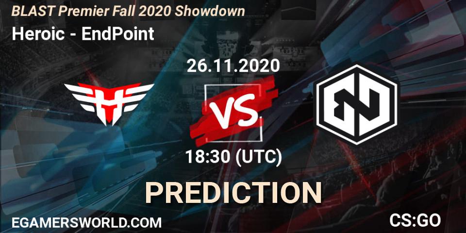 Prognose für das Spiel Heroic VS EndPoint. 26.11.2020 at 19:30. Counter-Strike (CS2) - BLAST Premier Fall 2020 Showdown