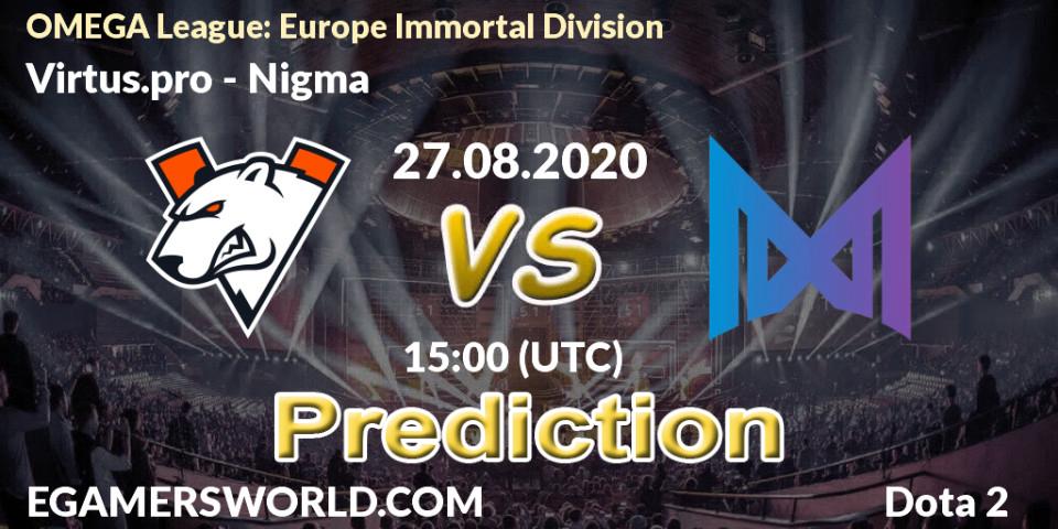 Prognose für das Spiel Virtus.pro VS Nigma. 27.08.2020 at 14:10. Dota 2 - OMEGA League: Europe Immortal Division