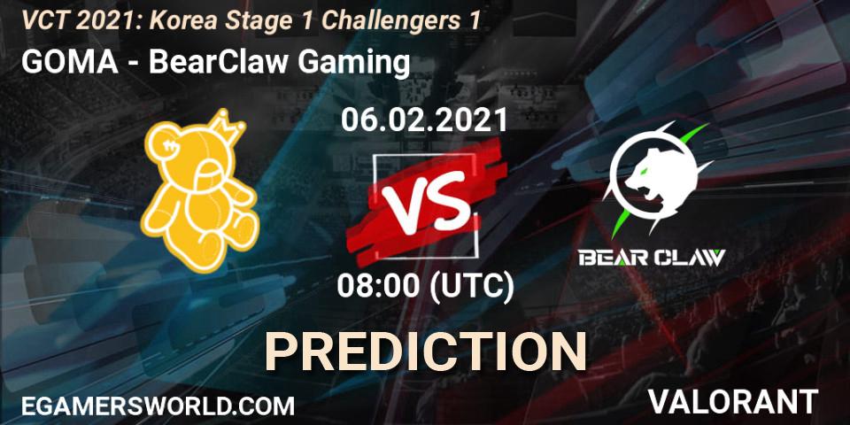 Prognose für das Spiel GOMA VS BearClaw Gaming. 06.02.2021 at 12:00. VALORANT - VCT 2021: Korea Stage 1 Challengers 1