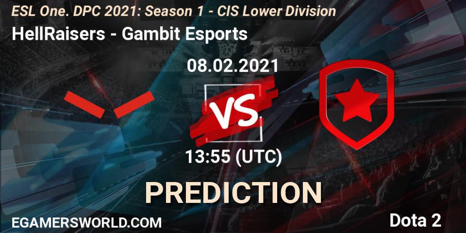 Prognose für das Spiel HellRaisers VS Gambit Esports. 08.02.2021 at 13:55. Dota 2 - ESL One. DPC 2021: Season 1 - CIS Lower Division