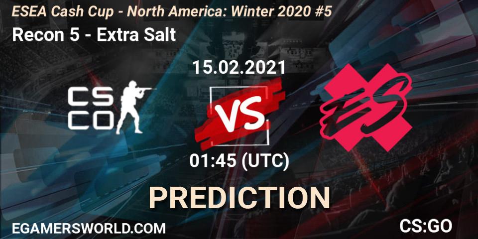 Prognose für das Spiel Recon 5 VS Extra Salt. 15.02.2021 at 01:45. Counter-Strike (CS2) - ESEA Cash Cup - North America: Winter 2020 #5