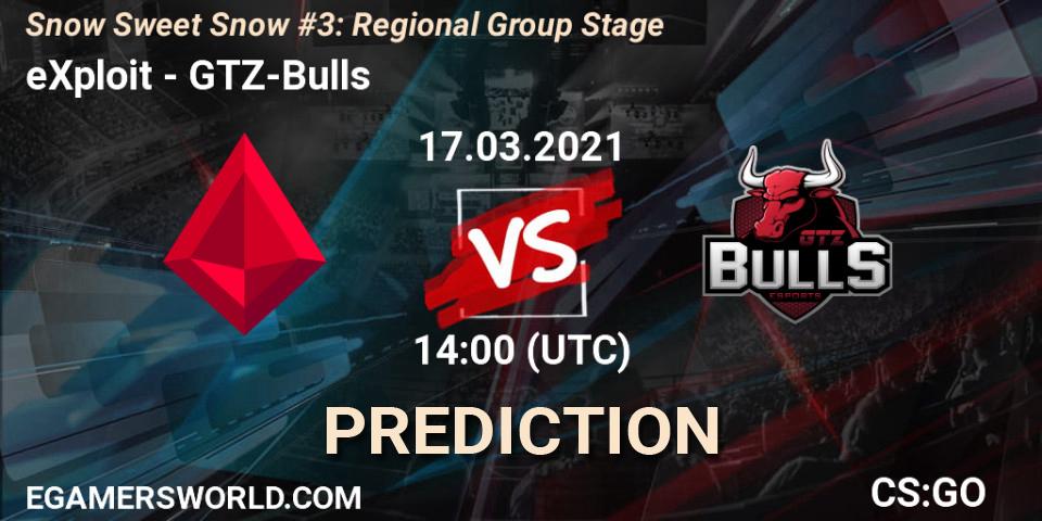 Prognose für das Spiel eXploit VS GTZ-Bulls. 17.03.2021 at 14:00. Counter-Strike (CS2) - Snow Sweet Snow #3: Regional Group Stage