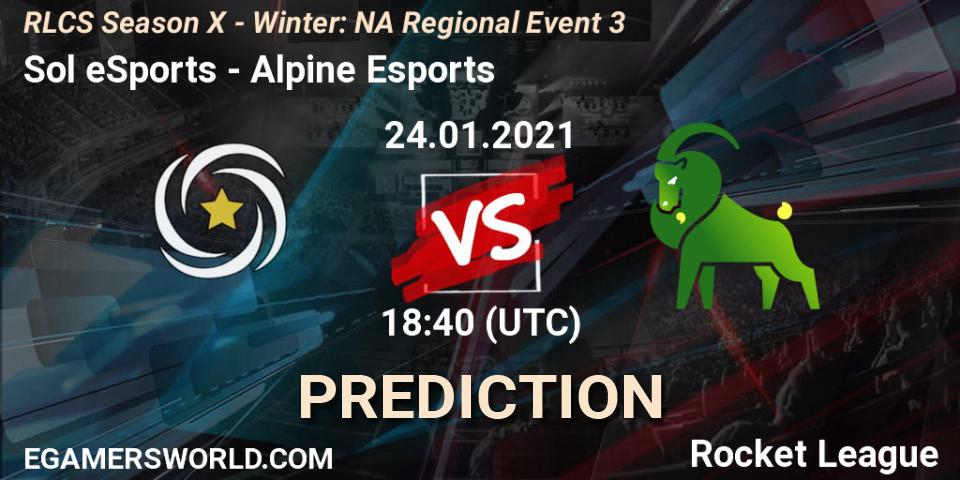 Prognose für das Spiel Sol eSports VS Alpine Esports. 24.01.2021 at 18:40. Rocket League - RLCS Season X - Winter: NA Regional Event 3