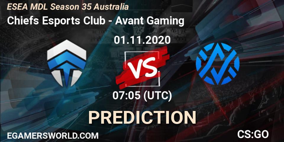 Prognose für das Spiel Chiefs Esports Club VS Avant Gaming. 01.11.20. CS2 (CS:GO) - ESEA MDL Season 35 Australia