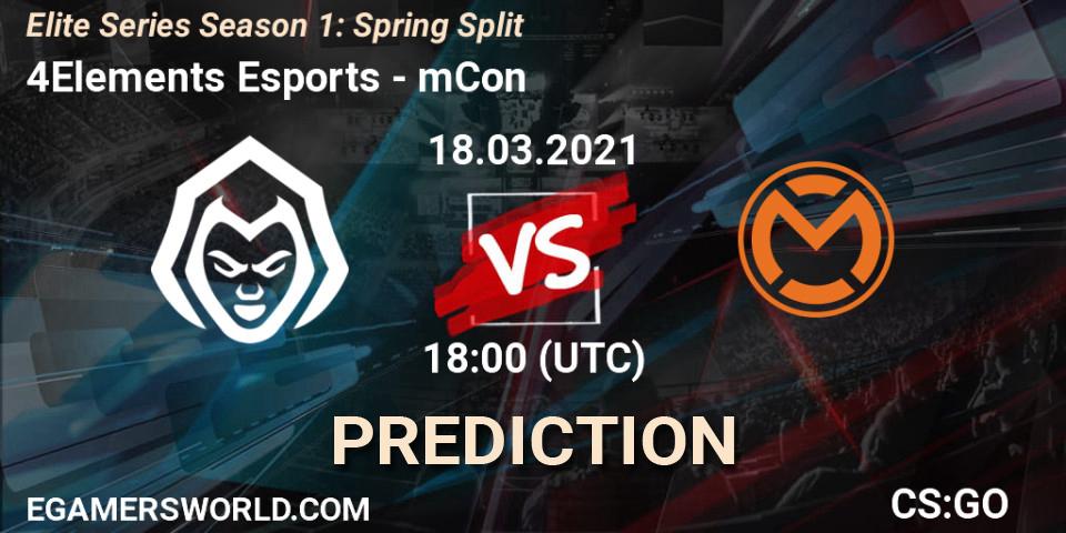 Prognose für das Spiel 4Elements Esports VS mCon. 19.03.2021 at 18:00. Counter-Strike (CS2) - Elite Series Season 1: Spring Split