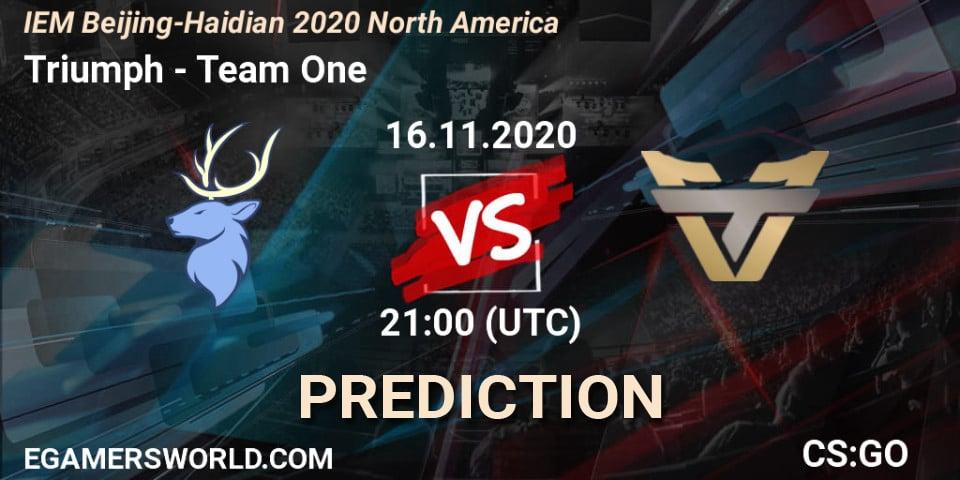Prognose für das Spiel Triumph VS Team One. 16.11.2020 at 21:30. Counter-Strike (CS2) - IEM Beijing-Haidian 2020 North America