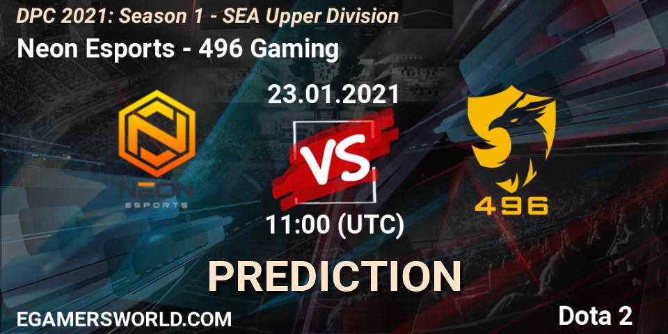 Prognose für das Spiel Neon Esports VS 496 Gaming. 23.01.2021 at 11:06. Dota 2 - DPC 2021: Season 1 - SEA Upper Division