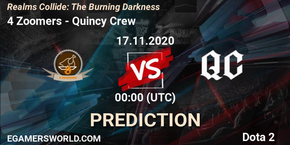 Prognose für das Spiel 4 Zoomers VS Quincy Crew. 17.11.2020 at 00:28. Dota 2 - Realms Collide: The Burning Darkness
