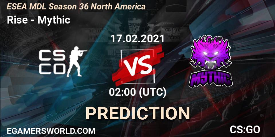 Prognose für das Spiel Rise VS Mythic. 17.02.2021 at 02:00. Counter-Strike (CS2) - MDL ESEA Season 36: North America - Premier Division