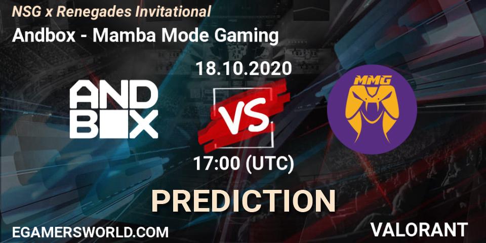 Prognose für das Spiel Andbox VS Mamba Mode Gaming. 18.10.2020 at 17:00. VALORANT - NSG x Renegades Invitational