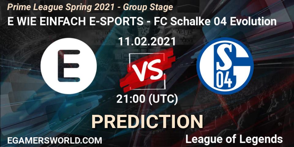 Prognose für das Spiel E WIE EINFACH E-SPORTS VS FC Schalke 04 Evolution. 11.02.2021 at 22:00. LoL - Prime League Spring 2021 - Group Stage