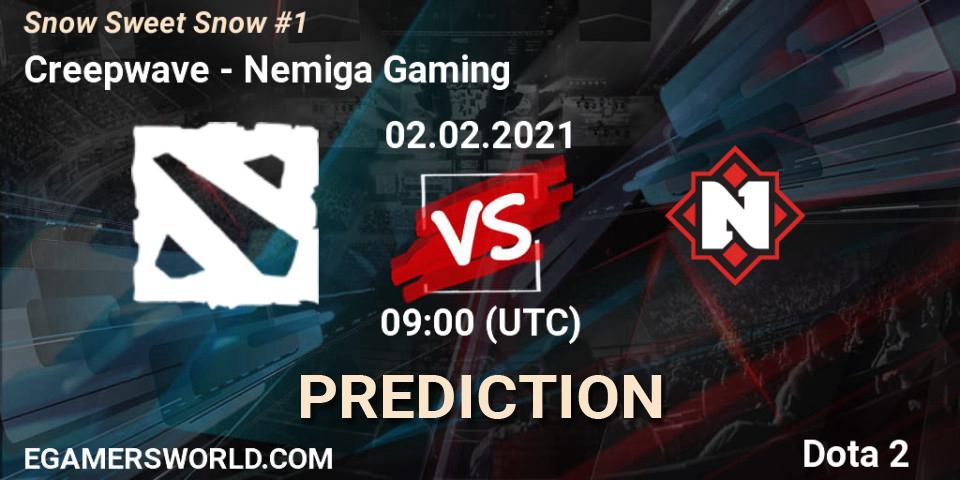 Prognose für das Spiel Creepwave VS Nemiga Gaming. 02.02.2021 at 09:00. Dota 2 - Snow Sweet Snow #1