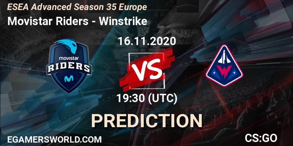 Prognose für das Spiel Movistar Riders VS Winstrike. 17.11.2020 at 17:00. Counter-Strike (CS2) - ESEA Advanced Season 35 Europe