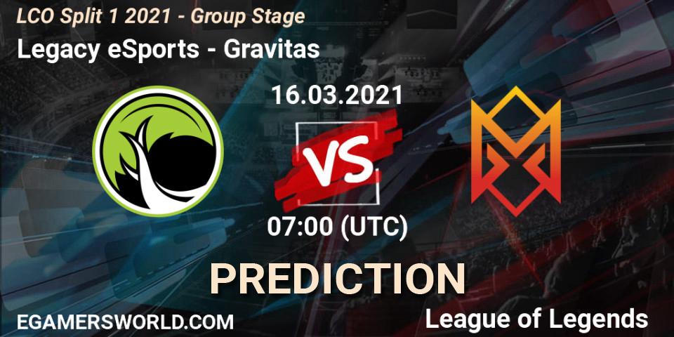 Prognose für das Spiel Legacy eSports VS Gravitas. 16.03.2021 at 07:00. LoL - LCO Split 1 2021 - Group Stage