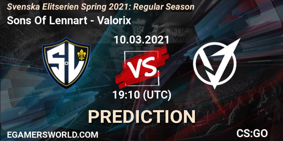 Prognose für das Spiel Sons Of Lennart VS Valorix. 10.03.2021 at 19:10. Counter-Strike (CS2) - Svenska Elitserien Spring 2021: Regular Season