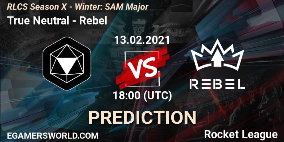 Prognose für das Spiel True Neutral VS Rebel. 13.02.2021 at 18:00. Rocket League - RLCS Season X - Winter: SAM Major