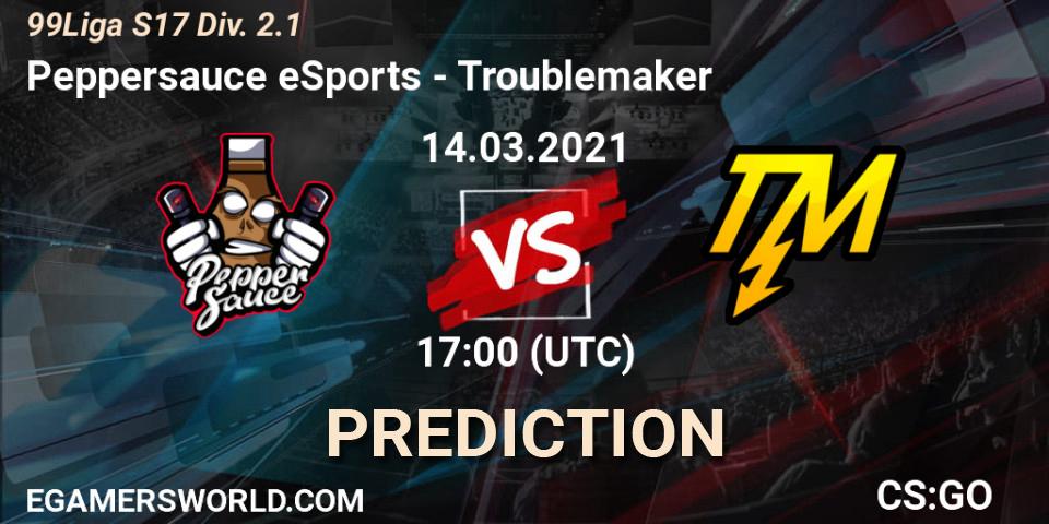 Prognose für das Spiel Peppersauce eSports VS Troublemaker. 27.05.2021 at 17:00. Counter-Strike (CS2) - 99Liga S17 Div. 2.1
