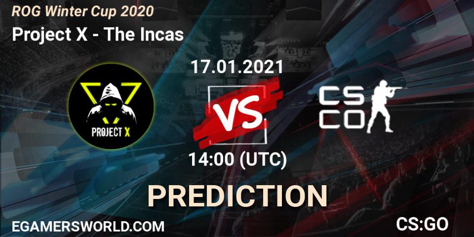 Prognose für das Spiel Project X VS The Incas. 17.01.2021 at 10:00. Counter-Strike (CS2) - ROG Winter Cup 2020
