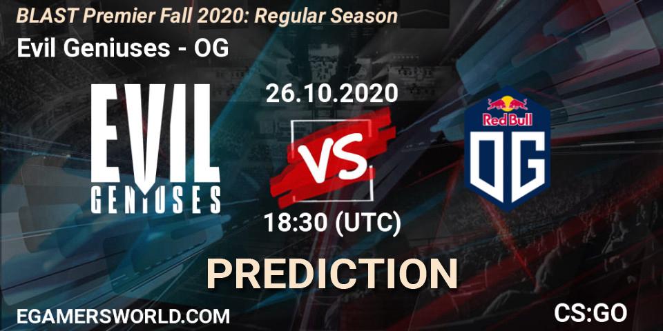 Prognose für das Spiel Evil Geniuses VS OG. 26.10.2020 at 18:40. Counter-Strike (CS2) - BLAST Premier Fall 2020: Regular Season