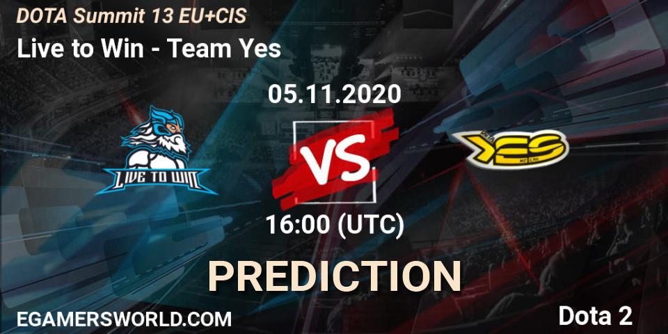 Prognose für das Spiel Live to Win VS Team Yes. 05.11.2020 at 17:17. Dota 2 - DOTA Summit 13: EU & CIS