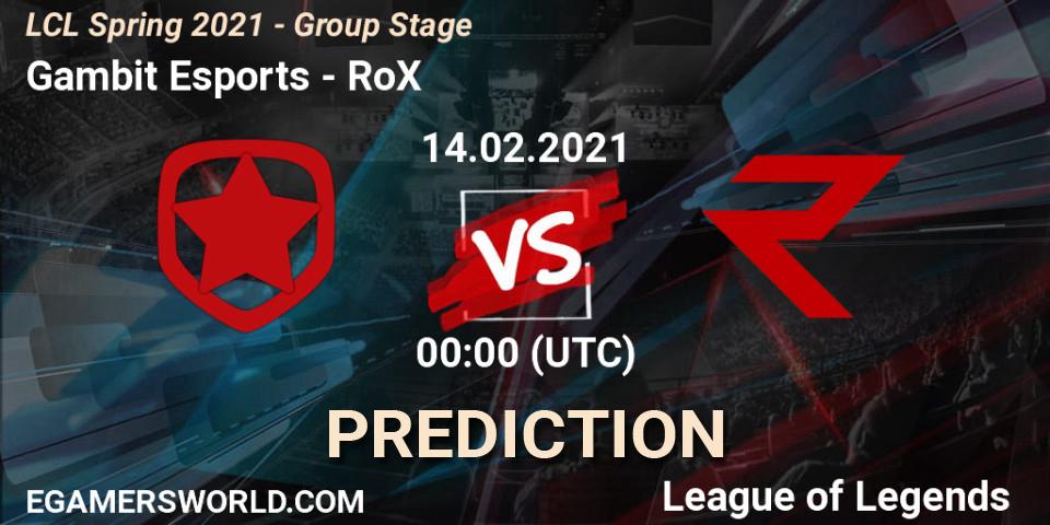 Prognose für das Spiel Gambit Esports VS RoX. 14.02.2021 at 13:00. LoL - LCL Spring 2021 - Group Stage