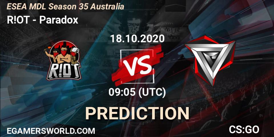 Prognose für das Spiel R!OT VS Paradox. 26.10.2020 at 10:05. Counter-Strike (CS2) - ESEA MDL Season 35 Australia