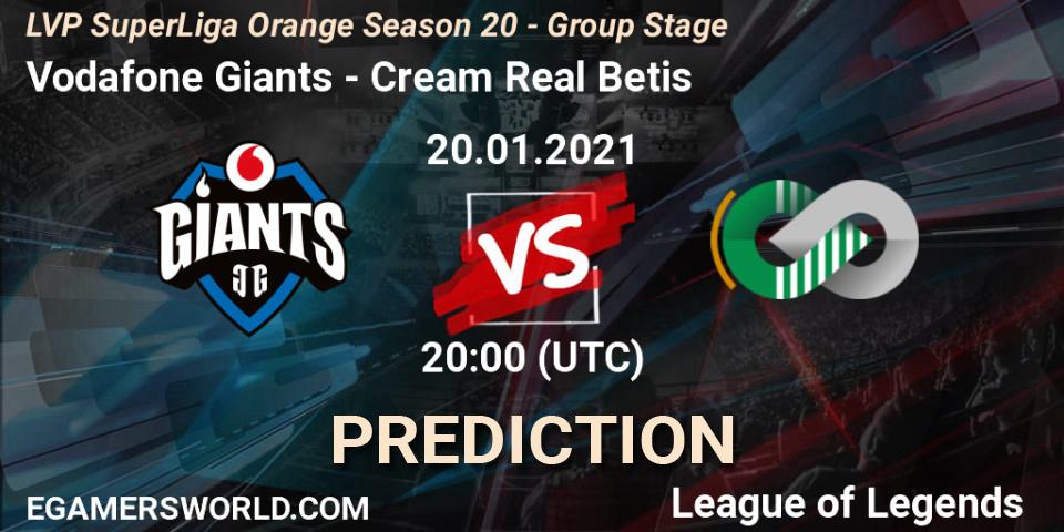Prognose für das Spiel Vodafone Giants VS Cream Real Betis. 20.01.2021 at 20:00. LoL - LVP SuperLiga Orange Season 20 - Group Stage