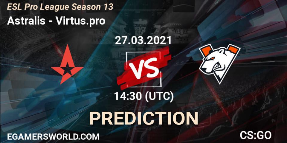 Prognose für das Spiel Astralis VS Virtus.pro. 27.03.2021 at 14:30. Counter-Strike (CS2) - ESL Pro League Season 13