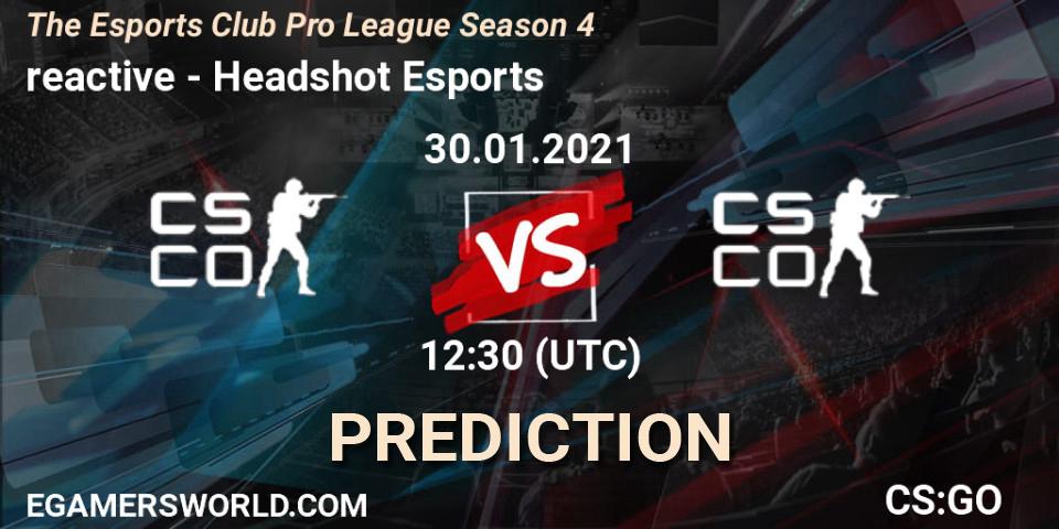 Prognose für das Spiel reactive VS Headshot Esports. 30.01.2021 at 12:30. Counter-Strike (CS2) - The Esports Club Pro League Season 4