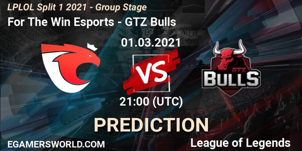 Prognose für das Spiel For The Win Esports VS GTZ Bulls. 01.03.2021 at 21:00. LoL - LPLOL Split 1 2021 - Group Stage