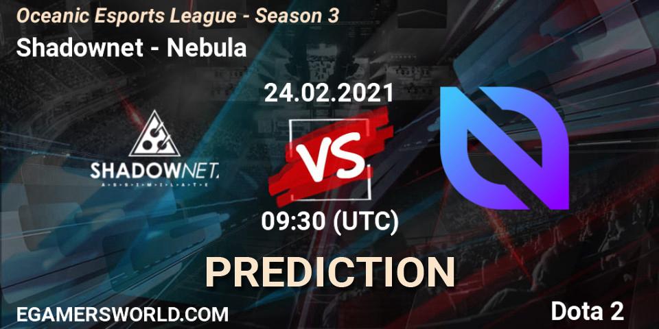 Prognose für das Spiel Shadownet VS Nebula. 24.02.2021 at 09:31. Dota 2 - Oceanic Esports League - Season 3