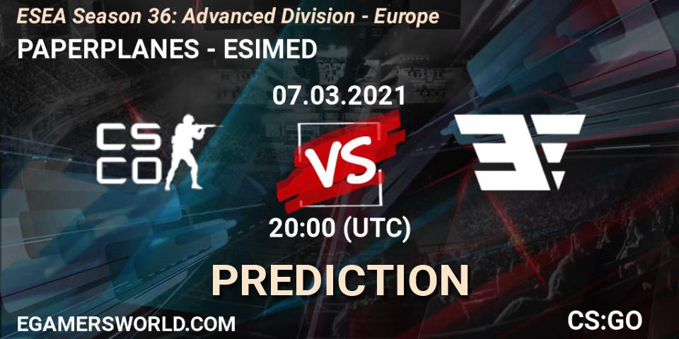 Prognose für das Spiel PAPERPLANES VS ESIMED. 07.03.2021 at 20:00. Counter-Strike (CS2) - ESEA Season 36: Europe - Advanced Division